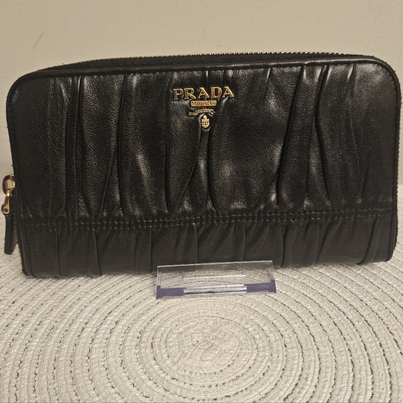 Prada Black Ruched Leather Zip Around Wallet Gold Hardware - Picture 1 of 13